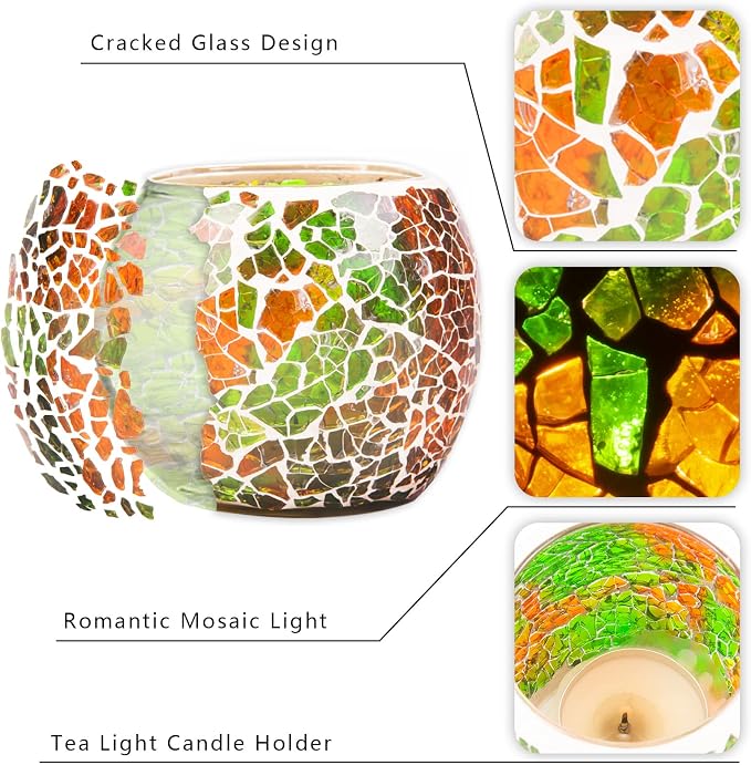 Rancco Glass Votive Candle Holder for Tealight, Romantic Mosaic Cracked Candle Holder, Candle Lamp Aromatherapy Candlescape Bowl for Valentine's Thanksgiving, Christmas Table Centerpiece, Party Decor