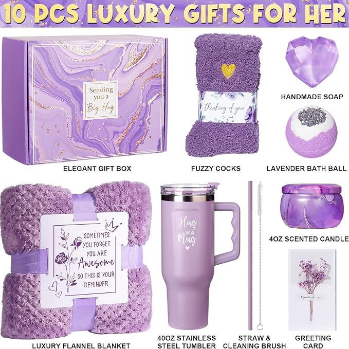 Birthday Gifts for Women Self Care Get Well Soon Gifts, Lavender Relaxing Spa Bath Gift Basket Care Package w/ Flannel Blanket 40 OZ Tumbler, Mother's Day Gift for Mom Her Wife Girlfriend Grandma