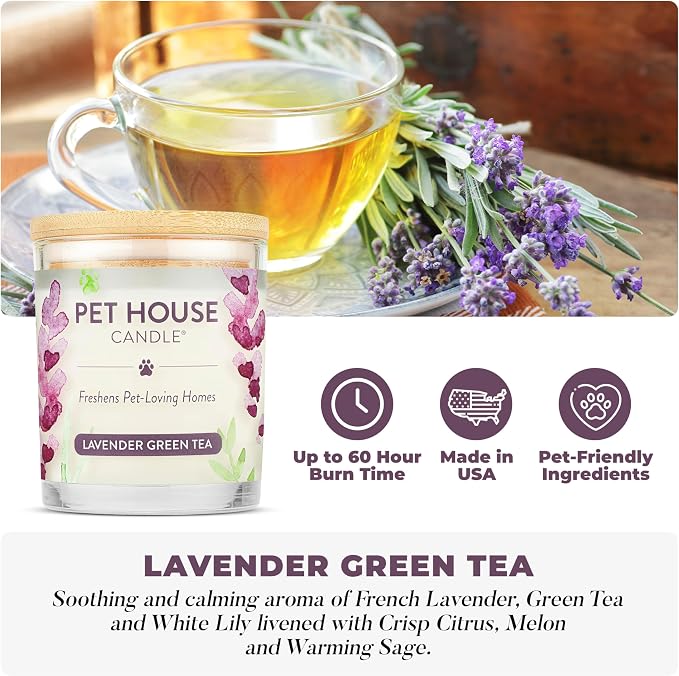 One Fur All Pet House Candle 2 Pack - Plant-Based/Soy - Clean Burning Scented, Long Lasting Pet Odor Candle for Home - Fresh Citrus, Lavender Green Tea