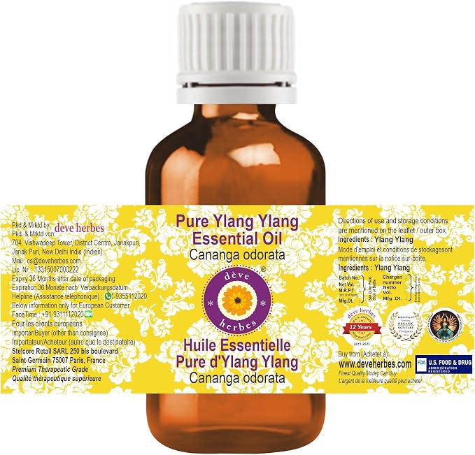 Deve Herbes Pure Ylang Ylang Essential Oil (Cananga odorata) Steam Distilled 2ml (0.06 oz)