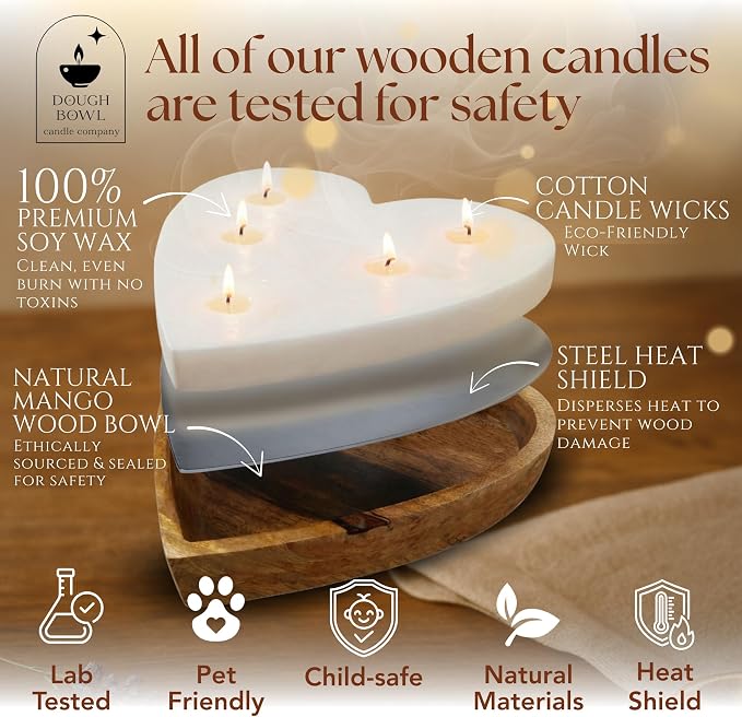 Dough Bowl Candle Co. Rose Candle - 10x10x2 Large Heart Shaped Scented Soy Candles for Women, Valentines Day Decor Gifts for Home, 5 Wick White Decorative Natural Aromatherapy, 30 Hour Burn Time