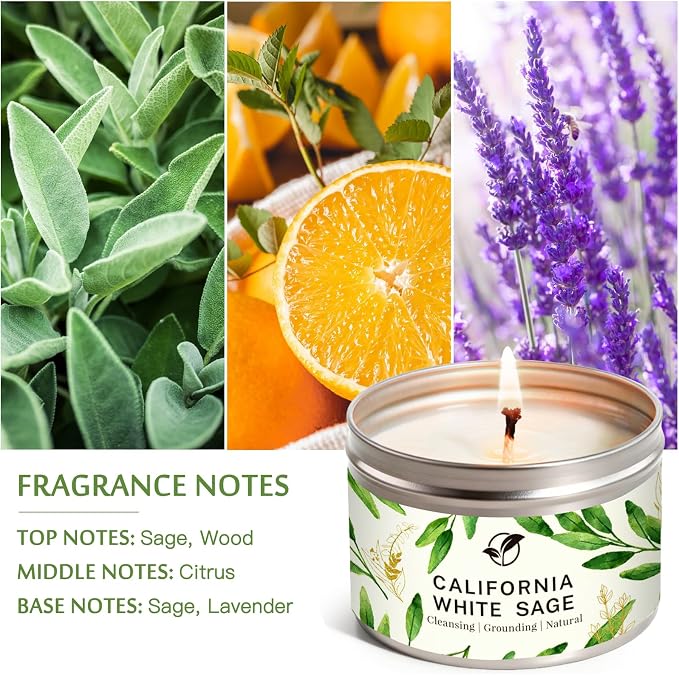 Sage Candles for Cleansing, Pure White Sage Candle 6 OZ- 35 Hour Burn Time, Aromatherapy Candle for Cleansing House Negative Energy Smudge Kit, Spiritual Meditation Housewarming Gifts