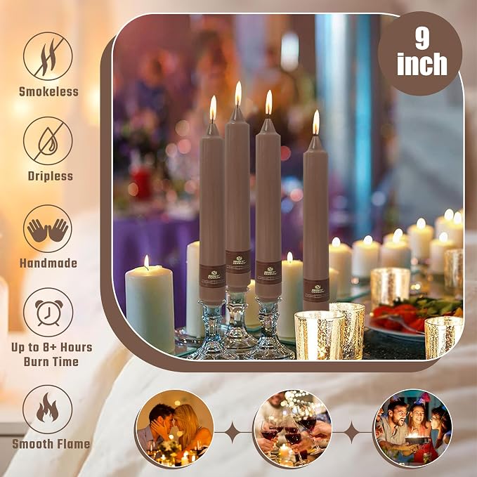 4 Pack Brown Taper Candles Sticks Unscented 9 inch Tapered Candle Dinner Smokeless Long Burning Candlesticks for Weddings Dinner Party Home Decor