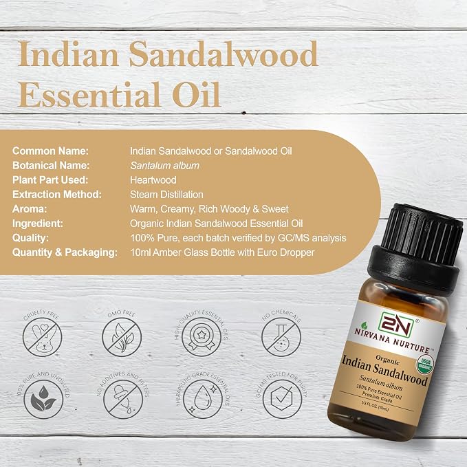 Indian Sandalwood Essential Oil, USDA Certified Organic, 100% Pure Undiluted, Aromatherapy Oil for Diffuser, Hair & Skin Care