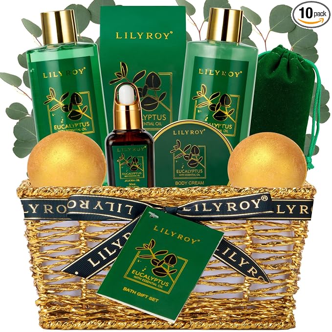 Bath and Body Gift Basket for Women & Men - 10-Piece Eucalyptus Spa Gift Basket for Women & Men, Ideal Gifts for Valentines Day, Fathers Day, Mothers Day, Birthday, Christmas Gift for Her & Him