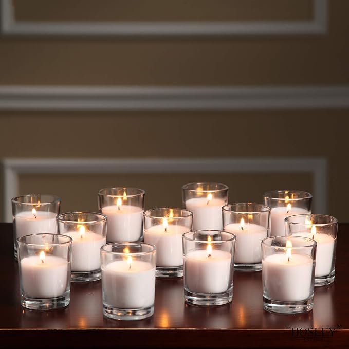 Hosley's Set of 24 Ivory Unscented Glass Filled Votive Candles, Hand Poured Wax Candle Ideal Gifts for Aromatherapy Spa Weddings Birthdays Holidays Party