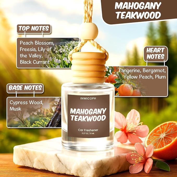 Premium Car Air Freshener Diffuser Set (2 Pack) - Mahogany Teakwood Fragrance Oil, 45+ Day Long-Lasting Hanging Auto Freshener