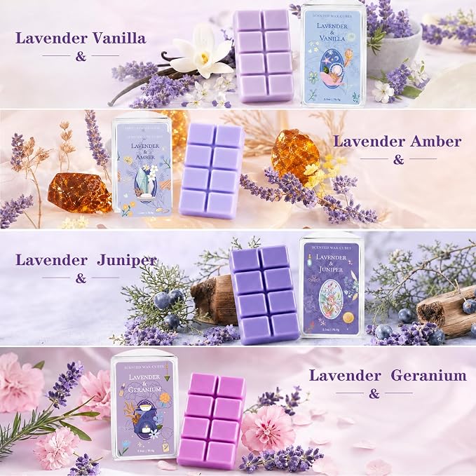 SCENTORINI Wax Melts, Soy Wax Cubes Strong Scent, Lavender Essential Oil Scented for Sleep, Summer Scents Wax Melts for Warmer Gift Set, 10 oz 4-Pack - Lavender & Amber, Juniper, Geranium, Vanilla