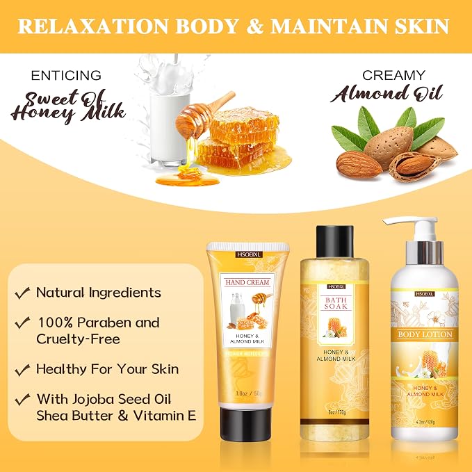Gifts for Women, Birthday Gift for Women, 9 Pc Almond Milk & Honey Bath and Body Gifts Set, Self Care Gifts Spa Gift Basket, Relaxing Bath Sets for Mom, Girlfriend, Sister, Female Friends, Coworker