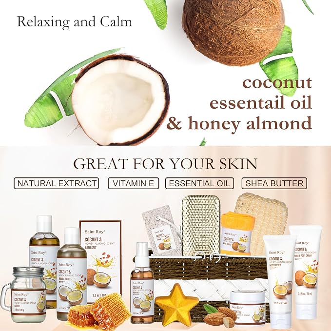 26Pc Bath and Body Gift Basket Set, Coconut Honey Almond Self Care Kit | Spa Gift Basket, Bath Gift Set Skin Care Gift for Fathers Day, Birthday, Christmas, Mother, Bridal Shower, Anniversary