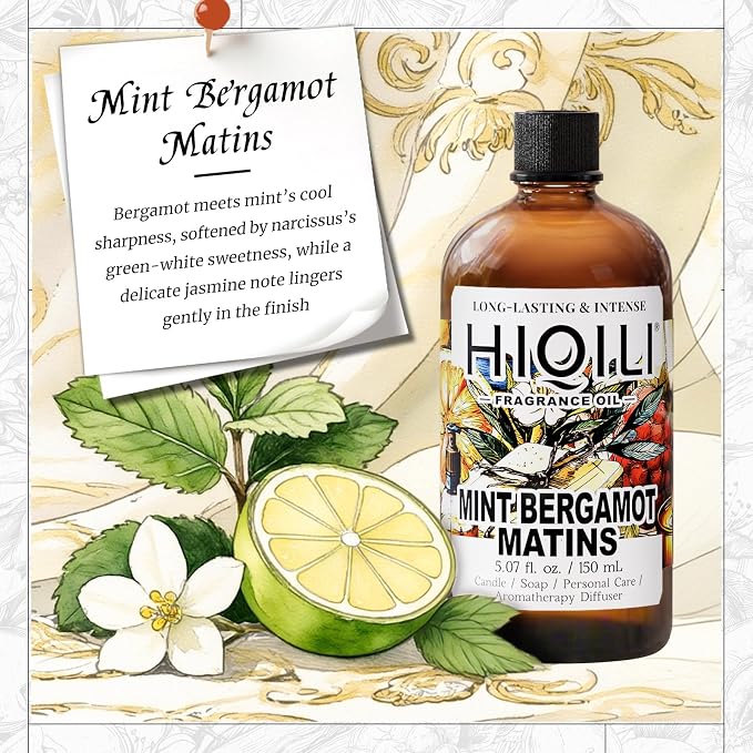 HIQILI Mint Bergamot Matins Fragrance Oil for Diffuser, Candle & Soap, Hand Wash & Air Fresheners Making- Floral Notes, Long-Lasting- 5.07 fl oz
