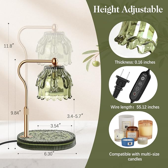 QiMH Candle Warmer Lamp with Timer Dimmer, Modern Wax Warmer for Scented Wax Jar Candle Warmer with 2 Bulbs, Adjustable Height Glass Lamp for Women, House Warming Gifts, Gold Green