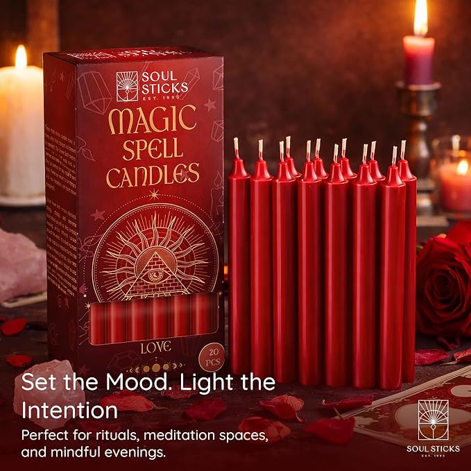 SOUL STICKS Love Magic Spell Chime Candles 20 Pack - Ideal for Altar, Rituals, Ceremonies, Meditation Red Colored Candle for Witchcraft Supplies, Wiccan Supplies and Tools, Candle Clearance
