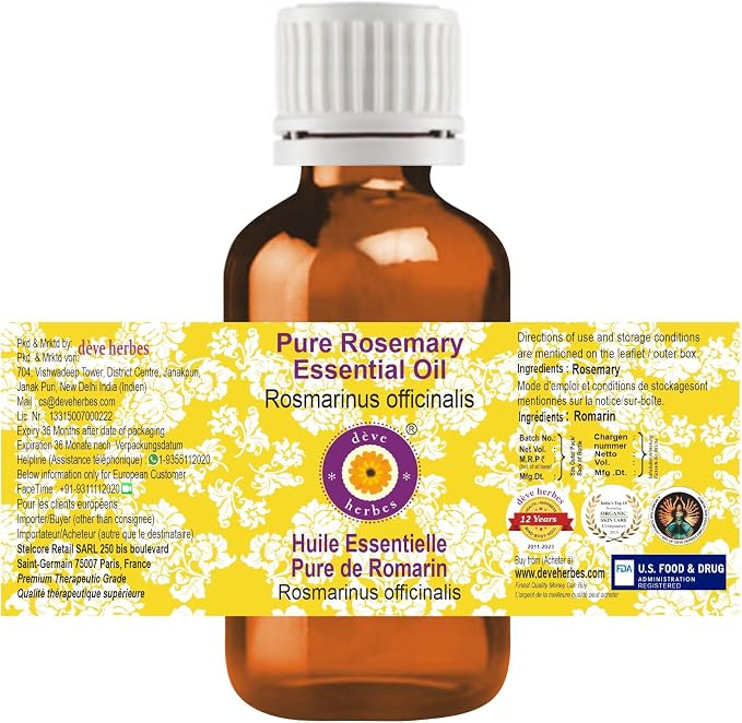 dève herbes Rosemary Essential Oil (Rosmarinus officinalis) Pure | Non-Sticky | Non-Greasy | Lightweight | Men & Women | All Skin Types | Steam Distilled 30ml (1 oz)