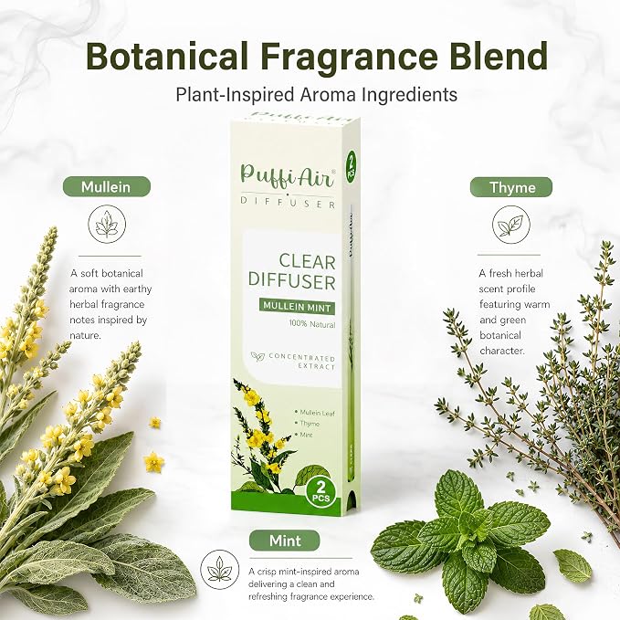 PUFFIAIR Botanical Fragrance Stick Set – Plant-Based Mullein, Thyme & Mint Botanical Scent, Portable Non-Electric Personal Fragrance Accessory, 2-Pack