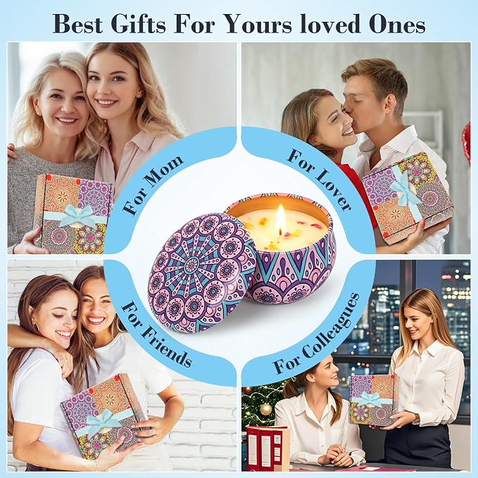 4 Pack Scented Candles for Women Gift- 8% Essential Oil Aromatherapy Candle Set, 50H Long Lasting Natural Soy Wax Candles, Travel Tin Gift Box for Stress Relief Spa Yoga Birthday Housewarming
