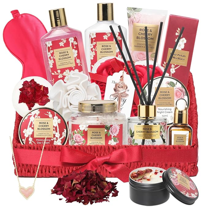 25Pcs Spa Gifts Skin Care Set - Luxurious Rose Spa Gift Baskets for Women