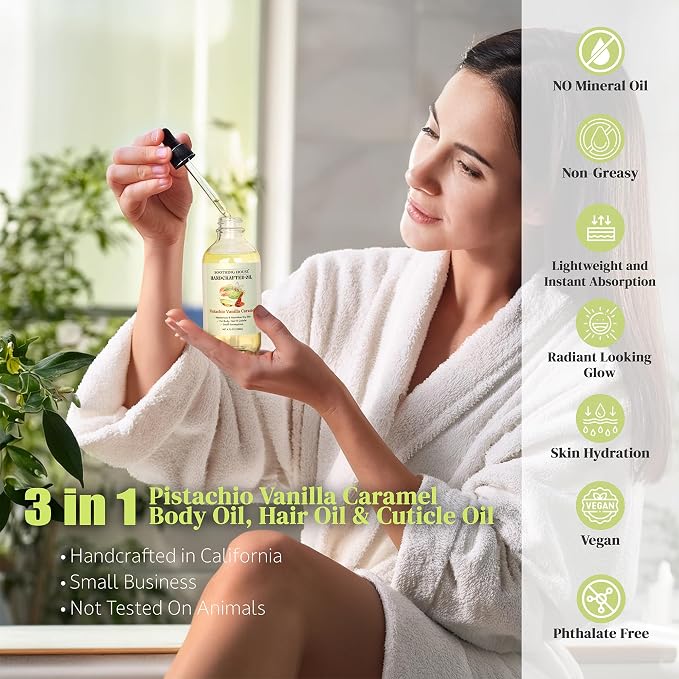 Pistachio Vanilla Caramel Body Oil - Nourishing Body Moisturizer for Soft, Glowing Skin with Jojoba & Almond Oil (4 fl oz)