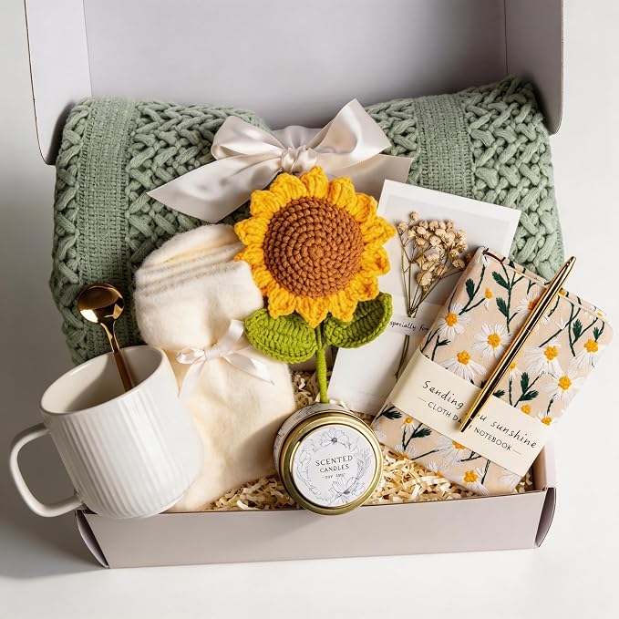 Birthday Gift Baskets for Women, Get Well Gifts for Women, Care Package Self Care, Thank You, Sympathy Friendship Sending Sunshine Sunflower Gift Basket for Mom, Grandma, Sister, Friends, Girls, Her