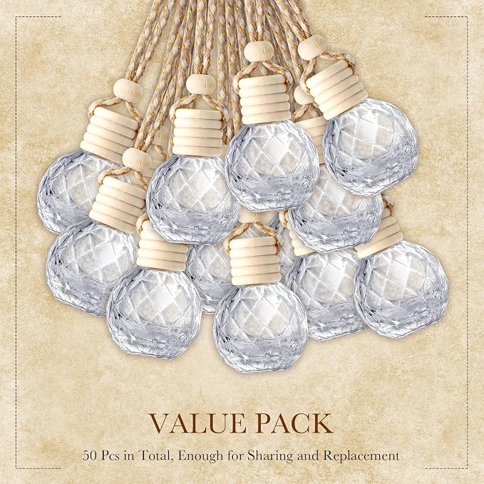 BBTO 50 Pcs Hanging Car Air Freshener Car Diffuser Bottles Empty Glass Perfume Bottle Freshener Diffuser Bottle Pendant for Essential Oil Fragrance Aromatherapy Ornament(Round Diamond)