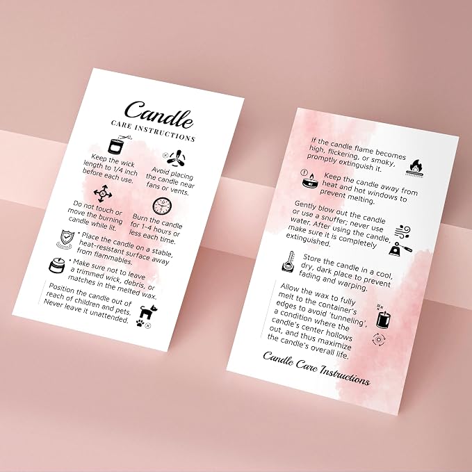 100 pack - Premium Handmade Candle Care Instruction Cards Pink White 2x3.5 in, Small Business | Soy Bees Wax Melt, Candle Makers, Making Supplies Kit Set, Containers, Jars, Package