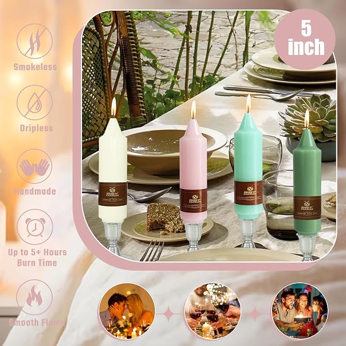 Candy Short Taper Candle 5 Inch Candlesticks Unscented Dripless Tapered Candle Set for Home Decor Wedding Party Dinner Candles, 4 Pack