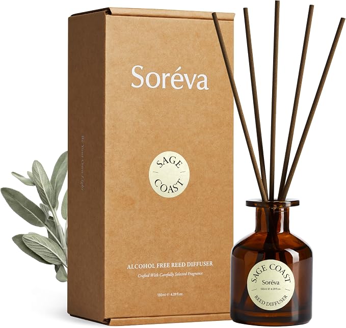 Soréva Sage & Sea Salt Reed Diffuser Set, Ocean Mist Aromatherapy, Plant-Based Essential Oils, 120-Day Mindful Alcohol-Free Home Fragrance for Bathroom & Office, Gift Set with 7 Sticks, 4.39 fl oz