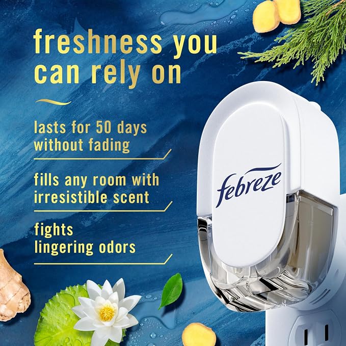 Febreze Plug In Air Freshener, Odor-Fighting Scented Oil Refill, Air Fresheners for Home and Bathroom and Kitchen, Long Lasting for Strong Odors, Moutain/Ocean/Amber Mix, 0.87oz Refills, 3 Count