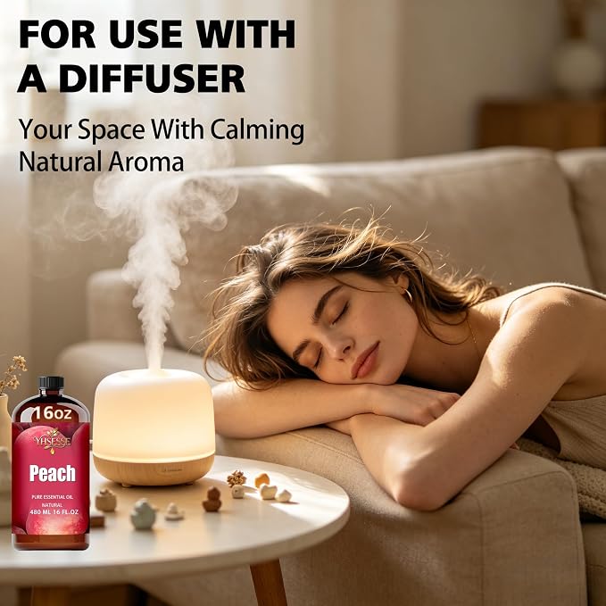 Peach Essential Oil, Peach Oil 16 Fl Oz 480ml for Diffuser Yoga Soap & Candle Making – with 0.33 Oz Roller Ball & Funnel YHSESSE Essential Oils