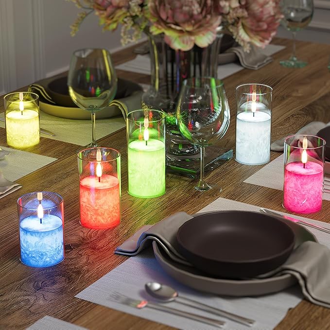 VIODAIM 12Colors Ice Crystal Real Wax Glass Flameless Candles with Remote & Timer, Battery Operated Candles with Warm Flickering Flame, Realistic LED Candle for Wedding Home Decor [D3×H4/5"/6"] 3Pack