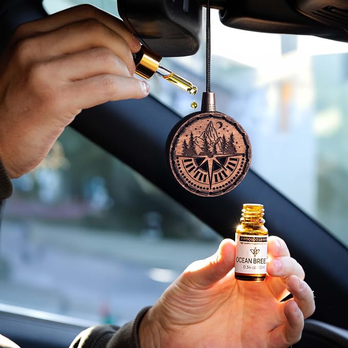 Wood Car Air Freshener — Handmade Car Air Freshener — Compass Mountains Designed Fragrance Oil Diffuser in Wooden Gift Box — Aromatherapy Set with Ocean Breeze Fragrance Oil - 10 ml