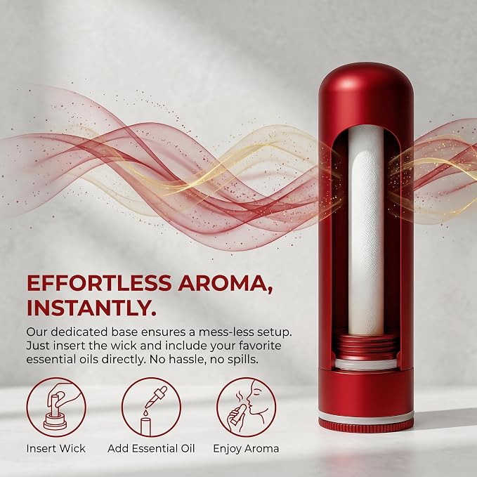 No-Leak Metal Aromatherapy Inhaler, Essential Oil Nasal Diffuser Featuring Wick Holder for Easy Filling & Long-Lasting Scent, BPA-Free Travel Stick for Anxiety Relief - Red