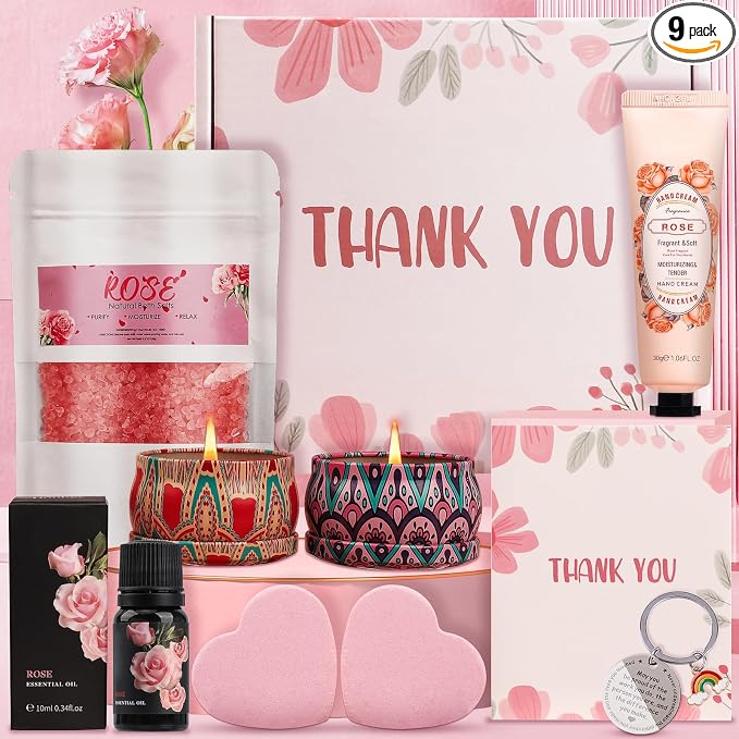 Thank You Gifts for Women, 9-Piece Rose Pamper Set, Luxury Relaxation Bath & Spa Hamper for Best Friend, Mum, Sister, Teacher, Unique Appreciation & Birthday Gift Box(Thank You)