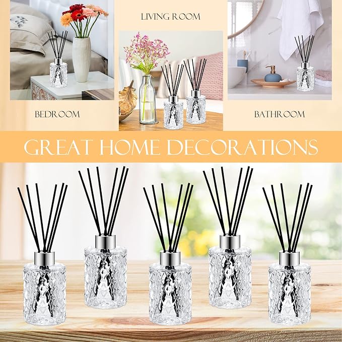 Norme 4 Set Empty Reed Diffuser Bottle Set with Stick, 150ml/5oz Clear Diffuser Glass Jars with Black Rattan Reed & Cap, for DIY Essential Oil, Fragrance, Home Fragrance, Bulk (Silver)
