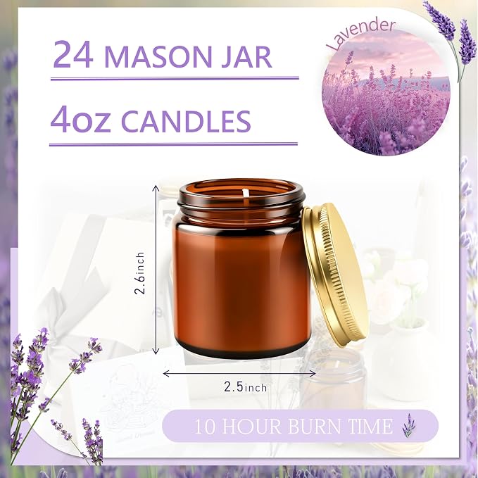 24 Pcs 4 Oz Mason Jar Candles, Lavender Scented Soy Candles Bulk Set for Stress Relief and Relaxation, Great Favors for Wedding, Christmas, Housewarming Gifts (Gold,Amber Glass, Lavender, 24)