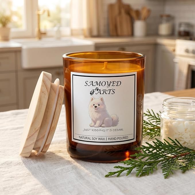 Samoyed Gifts for Women | Birthday Gifts for Mom | Light When Dog Farts Candle | Cedar By Natural Soy Wax | Pet Safe Friendly Memorial Candles for Home Scented Household Essentials
