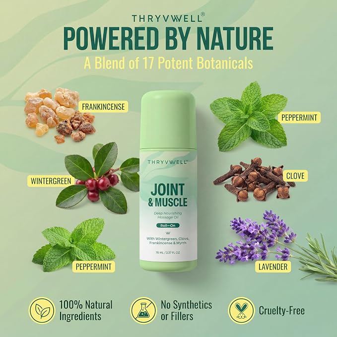 Joint & Muscle Roll-On Oil –70ml - 100% Natural Essential Oil Blend with Wintergreen, Peppermint, Frankincense, Myrrh, Clove & Lavender – Portable 2.37 oz Travel Size