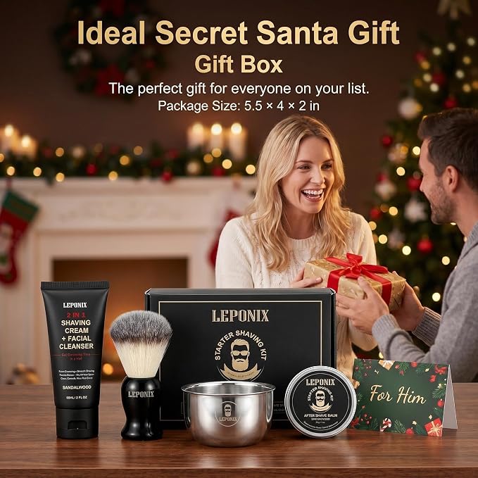 Shaving Kit, TSA Approved Travel Size Grooming Set - 60ml 2-in-1 Facial Cleanser & Shaving Cream, Shaving Brush and Bowl & 30g Solid Aftershave Balm, Gift Set for Men Boyfriend Stocking Stuffers