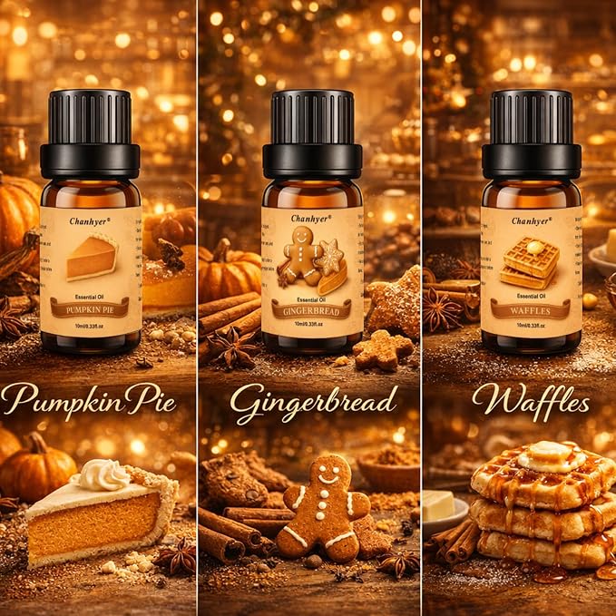 Bakery Essential Oils Set for Diffusers 6x10ml-Chocolate Cookies,Vanilla Cake,Cinnamon Rolls,Pumpkin Pie,Gingerbread,Waffles,Fragrance Oils for Candle&Soap Making