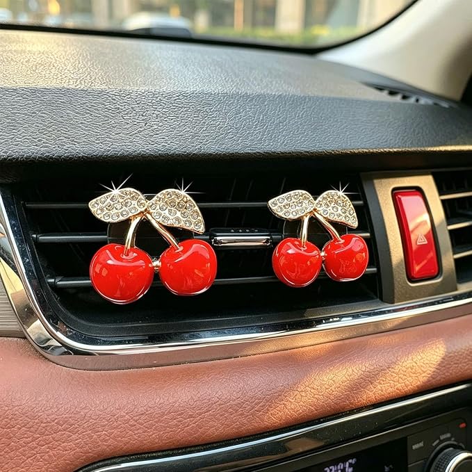 4 Pack Cute Red Cherry Car Air Vent Diffuser with Replaceable Refills, Clip-On Car Air Freshener, Auto AC Vent Decor Accessories, Aromatherapy Ornament Gift for Women
