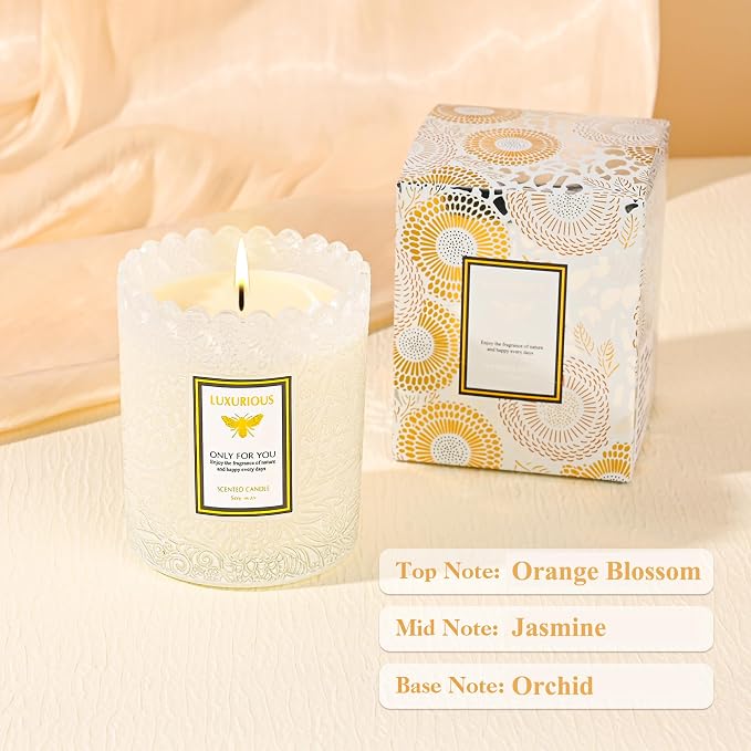 Jasmine Scented Candle, Candles for Home Scented, Luxury Jar Candle for Home Decoration, Candles Gifts for Women, Natural Soy Wax, 7 oz 40 Hours Burning Time