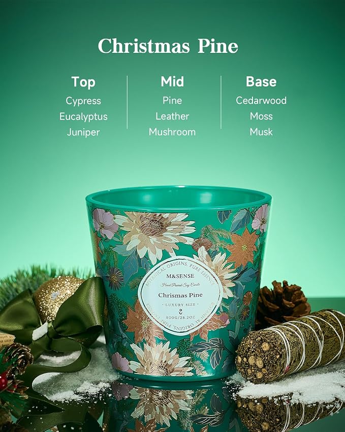 M&SENSE Christmas Pine Scented Candle, 28.2oz 3 Wick Natural Soy Wax Large Candles, Long Lasting Clean Slow Burning No Toxic Décor for Women Men, Romantic Dates & Gift-Giving