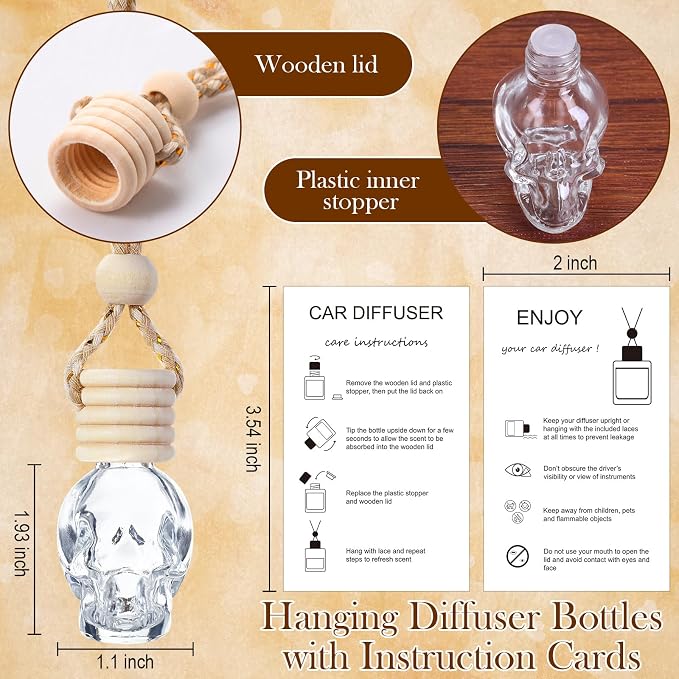 Boao 25 Sets Halloween Hanging Car Air Freshener Diffuser Bottles Empty Bulk with Car Diffuser Instruction Card Organza Bags Glass Refillable Essential Oil Fragrance Aromatherapy Pendant(Skull, Clear)