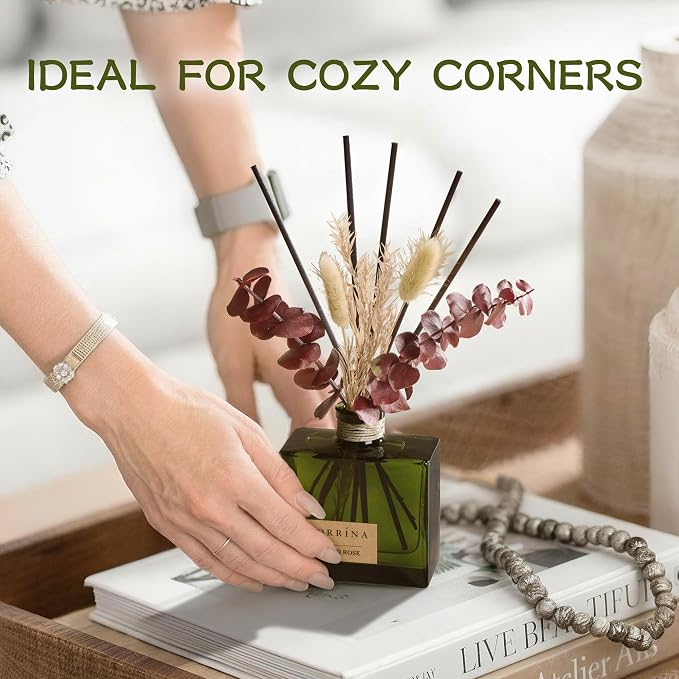 COCORRÍNA Reed Diffuser, 6.76 oz Sandalwood Rose Scent Reed Diffuser with 6 Sticks & Dried Flowers, Long Lasting Elegant Fragrance Home Décor for Bathroom Bedroom Office