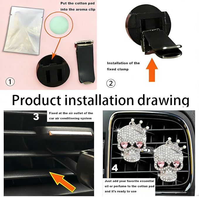 Skull Car Air Freshener Vent Clips Gothic Car Accessories with 2 Scent Pads Goth Car Accessories for Interior Decor Custom Car Air Freshener Style Customized Air Freshener for Cars Gift-A9