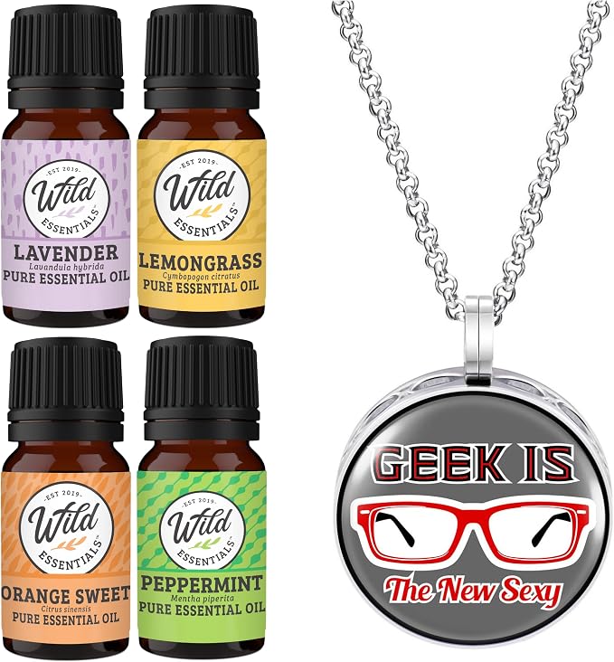 Wild Essentials Geek is The New Sexy Necklace Essential Oil Diffuser Kit with Lavender, Lemongrass, Peppermint, Orange Oils, 8 Refill Pads, Calming Aromatherapy Gift Set, Customizable, Perfume