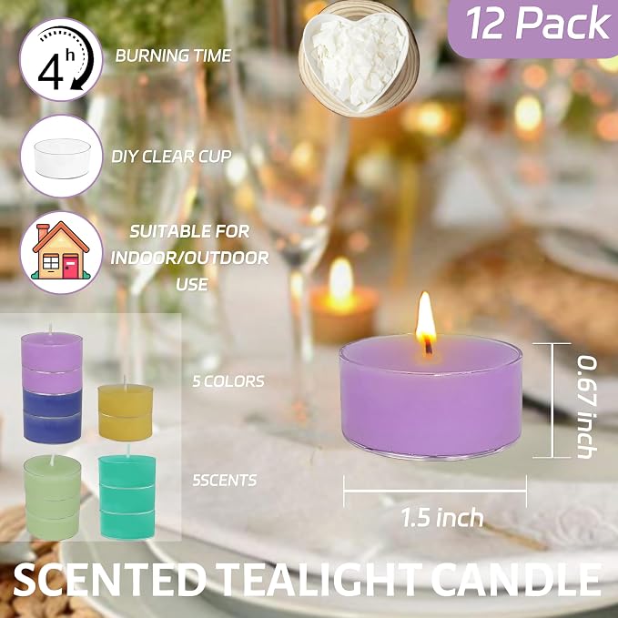 12 Pack Hand-Poured Dark Scented Tea Light Candles 5 Color Smokeless Small Round Tealight Candles for Relaxation Yoga Meditation Home Decor Romantic Dinners & Ambiance