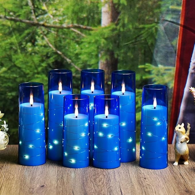 Eebuss Flameless Candles with Embedded Star String, Battery Operated LED Pillar Candles with Timer and Remote Control,Home Decorating for Ambiance， Set of 7 (Blue)