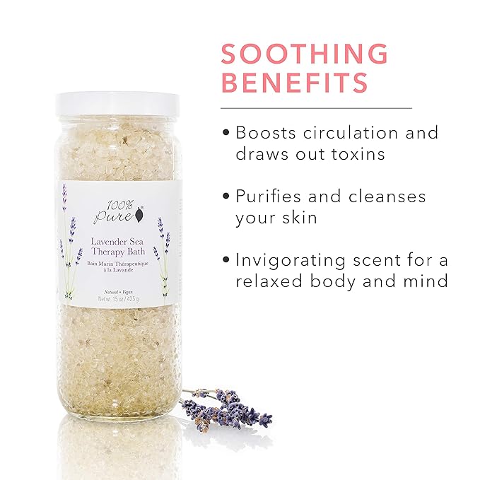 100% PURE Lavender Sea Therapy Bath Soak, Bath Salts for Relaxation, Made with Lavender Essential Oil, Spa Kit for Home, Bath Soak with Essential Oils - 15 Oz
