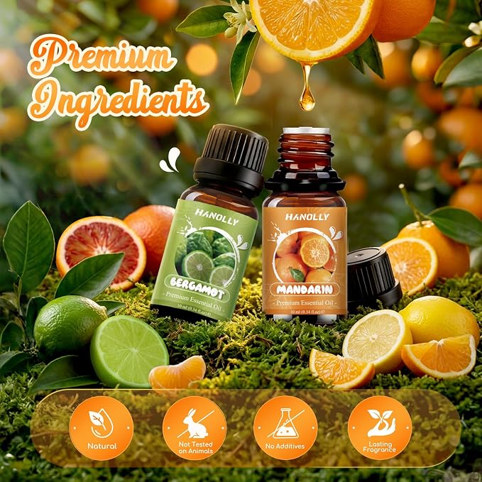 Citrus Essential Oils Set,Premium Fragrance Oil for Diffuser for Home,Scented Oil for Candle & Soap Making, Sweet Orange, Bergamot, Lemon, Grapefruit, Lime, Mandarin, Fruit Aromatherapy Oils